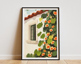 Cottagecore-Kapuzinerkresseblüten, botanische Illustration, Wandkunstdruck, Vintage-Wohndekor-Poster, orangefarbene Blumenkunst