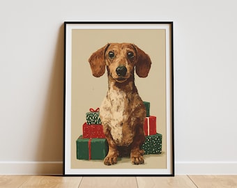 Dachshund Dog Christmas Print Holiday Pet Wall Art Winter Decor Festive Gift Stack Illustration Wiener Dog Poster