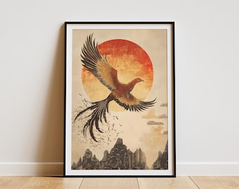 Phoenix Sunrise Poster Mythical Bird Art Print Asian Inspired Decor Celestial Wall Art Fantasy Bird Illustration Red Orange Gold Decor