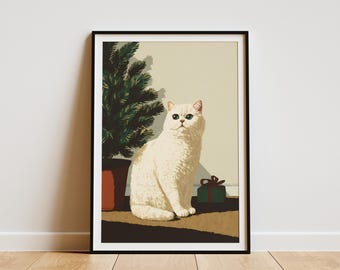Scottish Fold Cat Christmas Tree Art Print Festive Winter Holiday Decor Pet Lover Gift Modern White Kitty Wall Art Holiday Seasonal