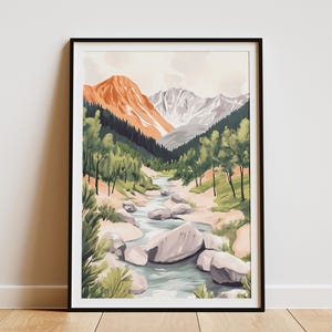 Póster de paisaje de río de montaña, impresión artística, decoración de pared de naturaleza, decoración minimalista moderna para el hogar, escena de naturaleza serena, valle de río tranquilo, brumoso