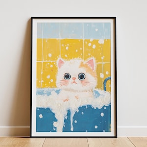Impresión artística de gatito persa, póster de baño de animales bebés, lindo gato, arte de pared, decoración de baño divertida, ilustración de gatito caprichoso, regalo para amantes de las mascotas