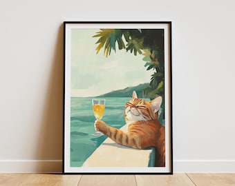 Scottish Fold Cat Coastal Relaxation Art Print Orange Tabby Cat by the Sea Beach Cat Lover Gift Cute Summer Animals Poster Funny Cat Art