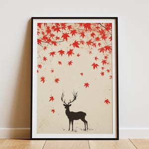 Rehe im Herbst Ahornblätter Kunstdruck Silhouette Hirsch Poster Schwarz Weiß Natur Wand Kunst Wald Illustration Herbst Dekor Tier Druck