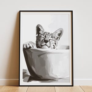 Serval kat bad bubbelbad Art Print minimalistische dierenposter grappig badkamer decor moderne muur kunst Home decor kattenliefhebber cadeau