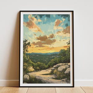 Texas Hill Country Sunset Poster Vintage Style Art Print Texas Wall Art Landscape Painting Texas Art Print Hill Country Decor