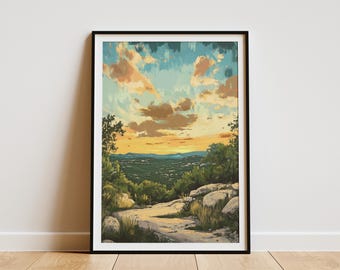 Texas Hill Country Sunset Poster Vintage Style Art Print Texas Wall Art Landscape Painting Texas Art Print Hill Country Decor