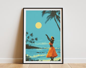 May include: A framed art print depicts a tropical beach scene. A figure in an orange skirt and top reaches towards a yellow sun in a blue sky. Palm trees and ocean waves complete the idyllic landscape.