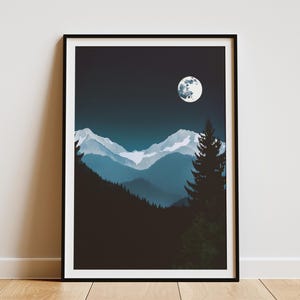 Póster del Parque Nacional Olímpico, impresión artística del estado de Washington, escena iluminada por la luna, paisaje forestal, arte mural, recuerdo de viaje del Noroeste del Pacífico, impresión de árbol de hoja perenne