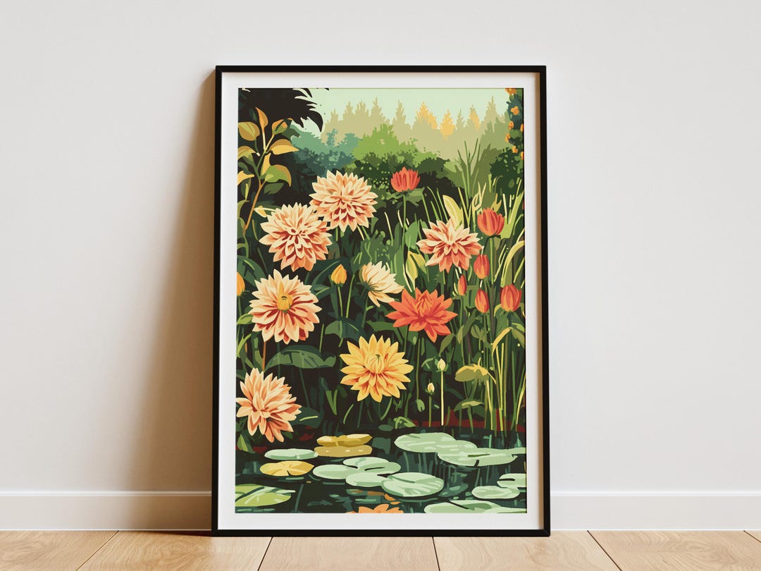 Dahlia Flower Pond Botanical Art Print Orange Flower Poster Floral Wall ...