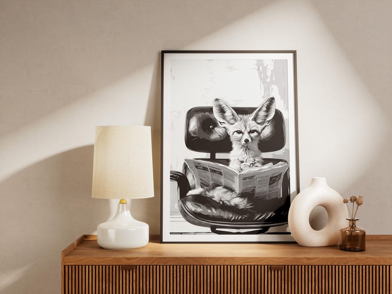 Fennec Fox Reading Newspaper Art Print Monochromatic Animal Wall Decor ...