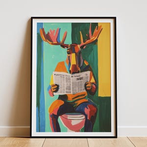 Impresión artística divertida de alce, pintura, póster de animales, decoración de baño, impresión animal moderna, arte de pared caprichoso, humor de baño, idea de regalo única