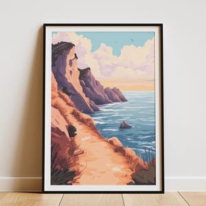 Póster de paisaje moderno con vista al mar y sendero costero en acantilado, decoración de pared natural, decoración de casa de playa, paisaje oceánico tranquilo, hogar costero