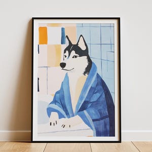 Impresión artística de perro husky en bata de baño, decoración de pared para baño, póster de animales estilo Matisse, arte divertido de perros, ilustración canina, impresión de arte moderno