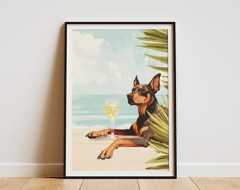Doberman Pinscher Beach Poster Dog Art Print Summer Dog Coastal Dog Ocean Dog Canine Art Funny Dog Pet Lover Gift Modern Dog Poster