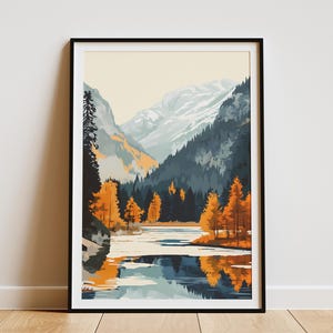 Bergsee Poster Herbst Landschaft Druck Herbst Natur Kunst Moderne Wald Illustration Abstrakte Landschaft Malerei Wand Dekoration Wohnkultur