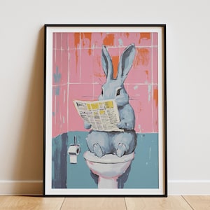 Divertido conejo en el inodoro leyendo el periódico, impresión artística para pared del baño, lindo póster de animales de arte pop de conejito, decoración moderna y caprichosa para el hogar