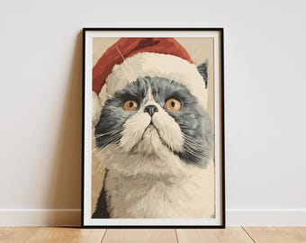 Festive Persian Cat Art Print wearing a Santa Hat Christmas Animal Wall Decor Holiday Pet Portrait Digital Poster