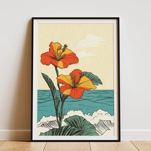 Póster con estampado de olas del océano y flores de hibisco tropical, decoración de pared con arte de playa de verano, ilustración floral botánica