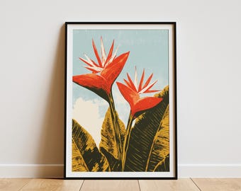 Vintage Paradiesvogel Blumendruck Abstrakt Tropisch Botanische Wandkunst Hawaiianische Urlaub Wohnkultur MidCentury Modern Floral Poster Geschenk