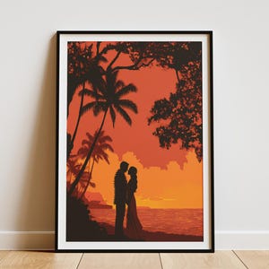 Pôster de casamento havaiano com pôr do sol, impressão artística de ilha tropical, silhueta romântica de casal, decoração de casamento na praia, pôster de viagem para o Havaí