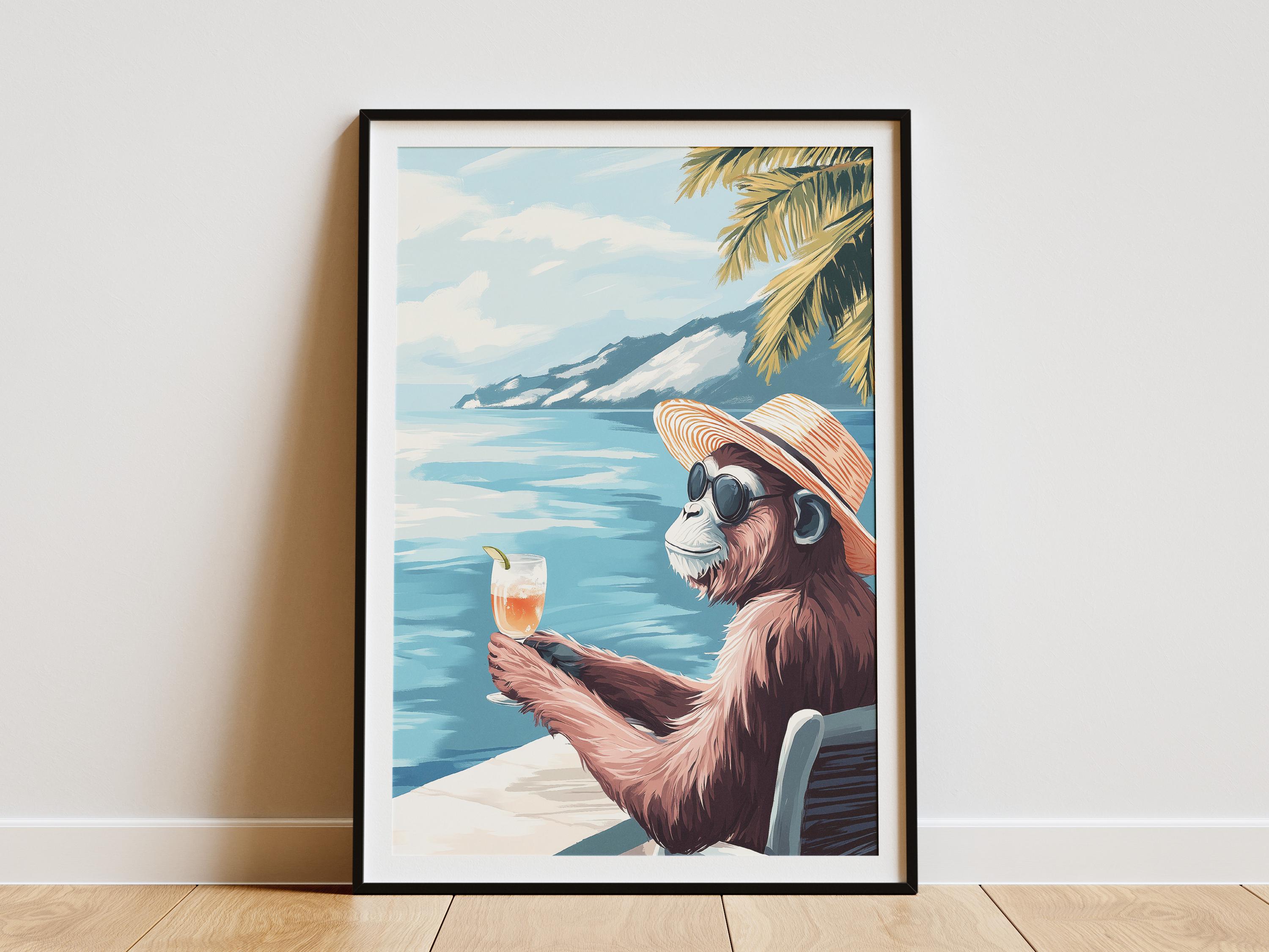 Summer Beach Monkey Art Print Tropical Animal Poster Cool Monkey