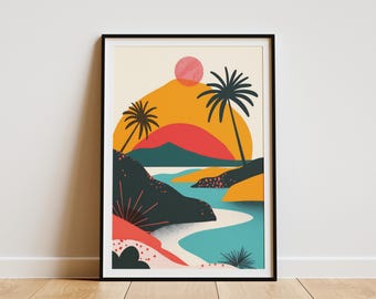 Abstract Beach Poster Mid Century Modern Art Print  Wall Decor Minimalist Sunset Ocean Landscape Wall Art