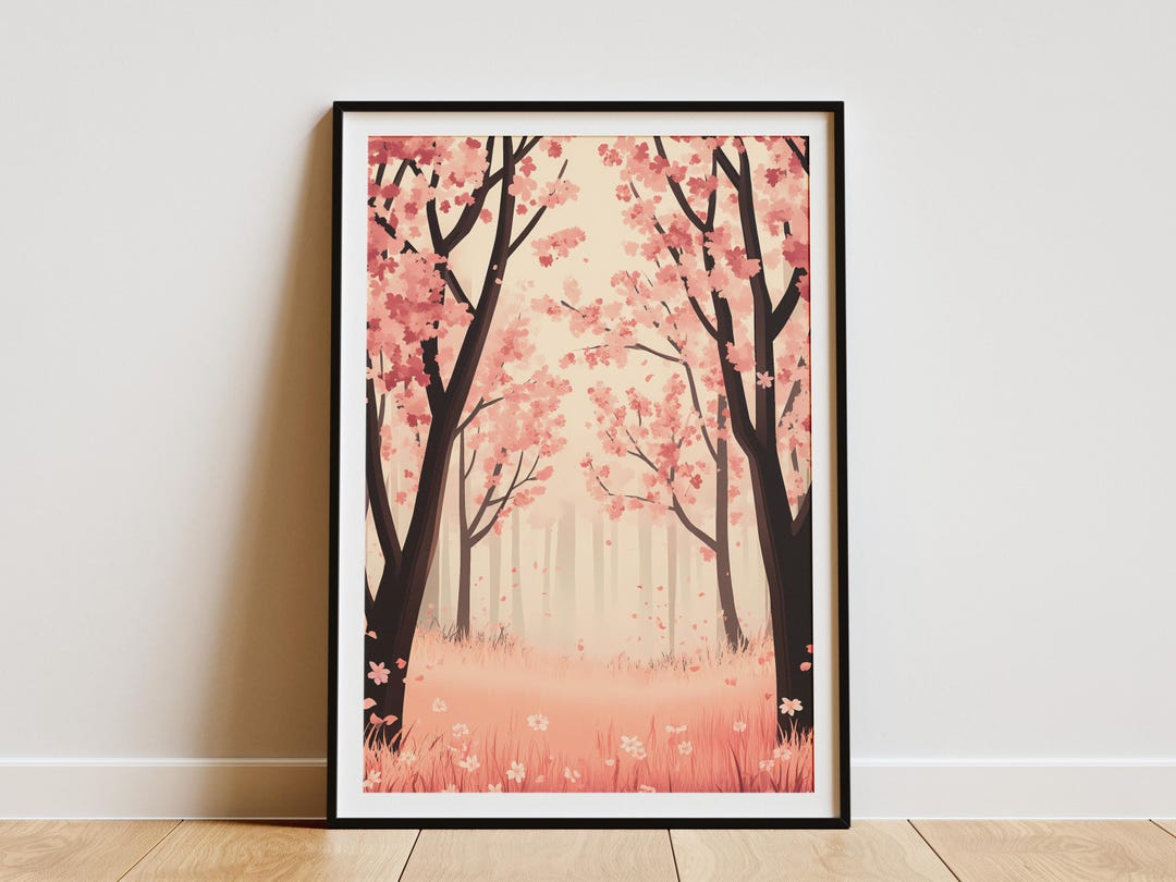 Pink Cherry Blossom Tree Poster Spring Nature Art Print Romantic Floral ...