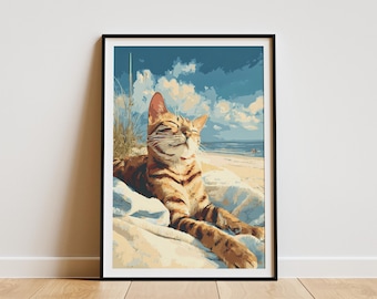 Relaxed Bengal Cat Beach Art Print Summer Feline Coastal Decor Dozing Kitty Wall Art Pet Lover Gift Tropical Vacation Home Decor