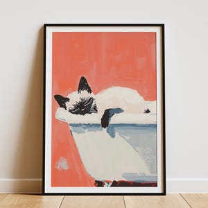 Impresión artística de gatito siamés en la bañera, póster de gato lindo, regalo para amantes de las mascotas, arte de pared de gatito, decoración de baño, gato en la bañera, decoración de pared de baño espumoso