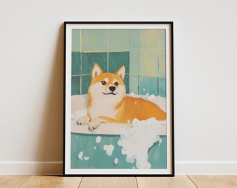 May include: Framed art print featuring a Shiba Inu dog relaxing in a bathtub filled with bubbles. The dog has orange and white fur and is smiling. The background shows teal tiles, creating a playful and whimsical scene.