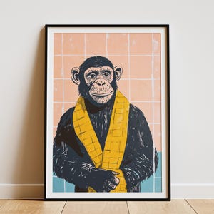 Pintura de baño de chimpancé en bata de baño, arte moderno, impresión, póster de animales, decoración del hogar, arte de pared divertido de simio