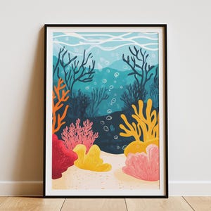 Póster de arrecife de coral oceánico, impresión de vida marina submarina, decoración de casa de playa, arte de pared costero, decoración moderna del hogar, arte de pared de verano, habitación con temática oceánica
