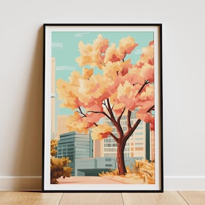 Ginkgo Baum Poster Stadtansicht Moderne Minimalistische Kunst Druck Urban Natur Wand Dekor Herbst Herbst Blätter Pfirsich Orange Gelbtöne Ginkgo Biloba