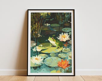 Vibrant Green Frog on Lily Pad Art Print Swamp Travel Poster Style Peaceful Pond Wildlife Nature Wall Art Water Lily Decor Unique Home Gift