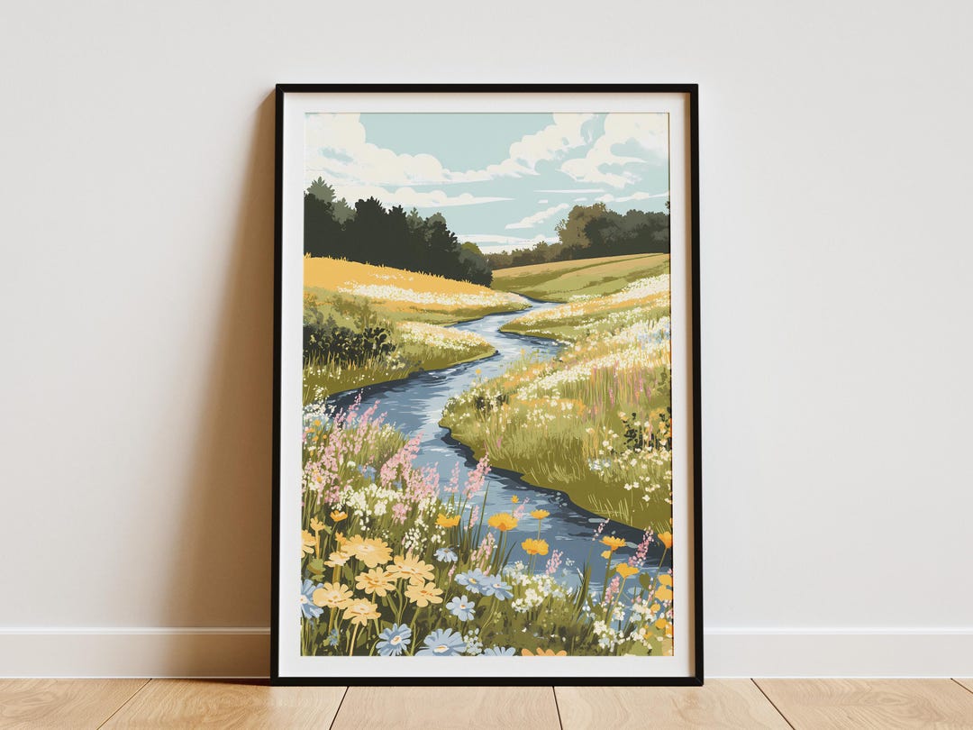 Wildflower Meadow River Landscape Poster Nature Art Print Botanical ...