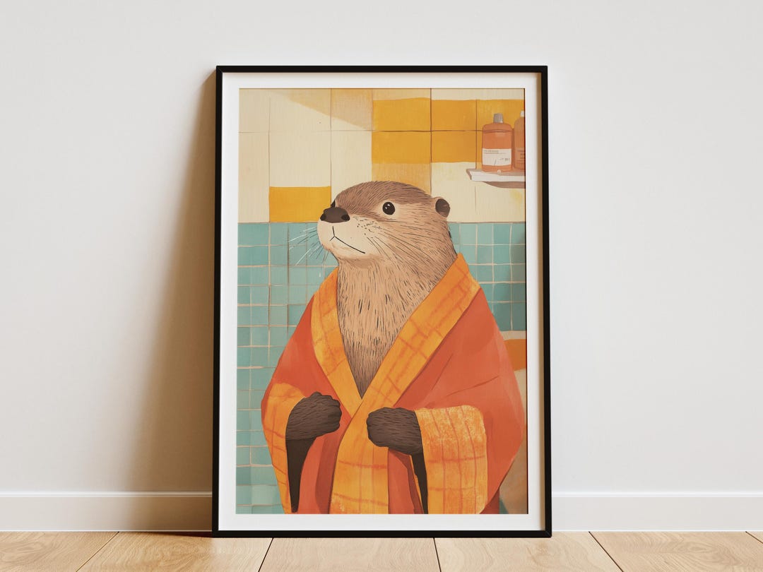 Otter in Bathrobe Bathroom Painting Art Print Cute Animal Poster Funny ...