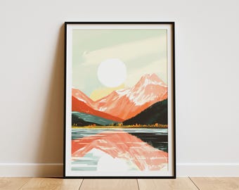 Sunrise Mountain Peaks Landscape Art Print Poster Nature Wall Decor Modern Home Decor Lake Reflection Abstract Mountain Range Painting