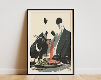 Sophisticated Panda in Suit Eating Steak Dinner Digital Art Print Unique Animal Wall Decor for Modern Home or Office Humorous Dining Room