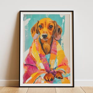 Bata de baño para cachorro de perro salchicha, impresión artística para la hora del baño, póster de animales lindos, regalo divertido para amantes de los perros, arte de pared para mascotas juguetonas, decoración única para el baño