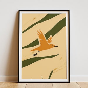 Póster minimalista de pájaro, arte abstracto de naturaleza, impresión, decoración de pared moderna de mediados de siglo, pájaro volando en amarillo y verde