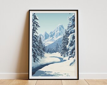 Sierra Nevada Zimowy krajobraz górski, wydruk artystyczny, śnieżny las, rzeka, dekoracja ścienna, plakat do domku letniskowego
