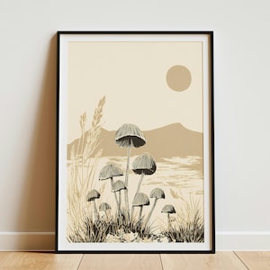 May include: A framed wall art print featuring a line-art illustration of a cluster of mushrooms and tall grasses in the foreground. The background displays a landscape with rolling hills and a circular sun in a muted beige and brown colour palette.