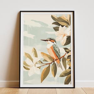 Impresión de pájaro martín pescador, arte costero de manglares, arte de pared de pájaro tropical, ilustración digital plana, póster de naturaleza, regalo para amantes de las aves, decoración costera