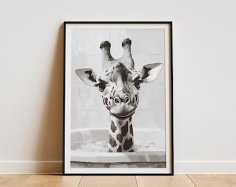 Giraffe Bathtub Poster Animal Wall Art Funny Bathroom Decor Giraffe Bubble Bath Print Minimalist Art Kids Bathroom Art Nursery Decor