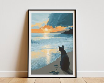 Russian Blue Cat Beach Sunset Art Print Ocean Seascape Feline Hawaii Travel Poster Tropical Island Wall Decor for Pet Lovers