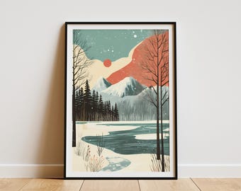 Winter Frozen Lake Vintage Travel Poster Christmas Holiday Poster Snowy Mountains Landscape Art Print Modern Scandinavian Style Home Decor