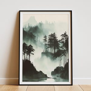 Poster Nebliger Waldsee Nebliger Berglandschaft Print Abstrakte Natur Kunst Grüne Bäume Wanddeko Modernes Wohndekor Ätherische Waldszene