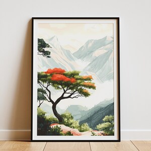 Berg Nebel Wald Kunstdruck Natur Poster Landschaft Wandkunst Grüner Baum Poster Modernes minimalistisches Dekor Foggy Berg Print Wandern Poster