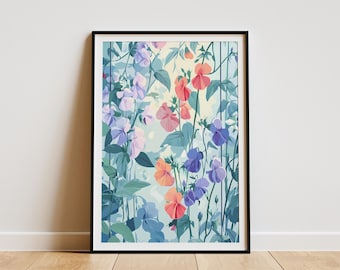 Sweet Pea Floral Botanical Garden Trellis Poster Print Summer Flower Art Home Decor Wall Art Blue Pink Flower Illustration